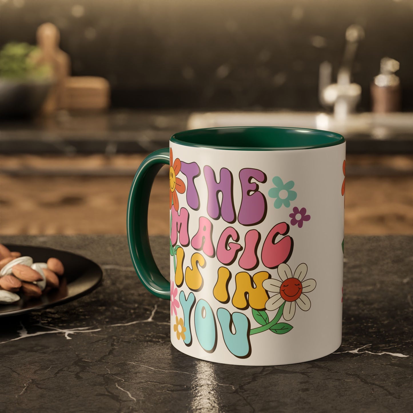 The Magic Is In You Accent Mug – Retro Flower Lettering | 11oz 15oz Colored Handle