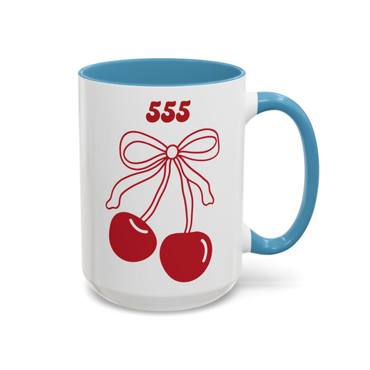 555 Angel Number Cherries Accent Mug – Coquette Bow Kawaii | 11oz 15oz — Pink, Red, Navy, Light Blue, Orange, Purple, Yellow