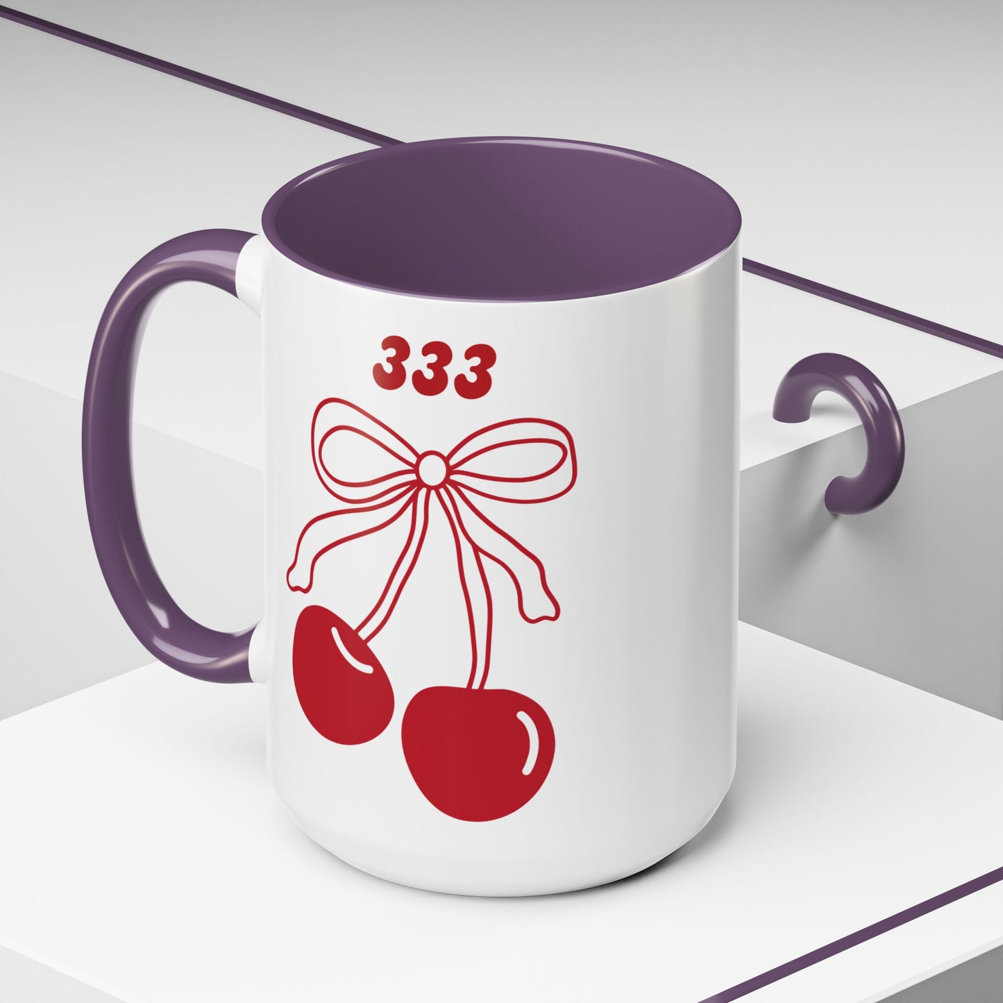 333 Angel Number Cherries Accent Mug – Coquette Bow | Kawaii Coffee Mug | 11oz 15oz — Black, Red, Navy, Pink, Light Blue