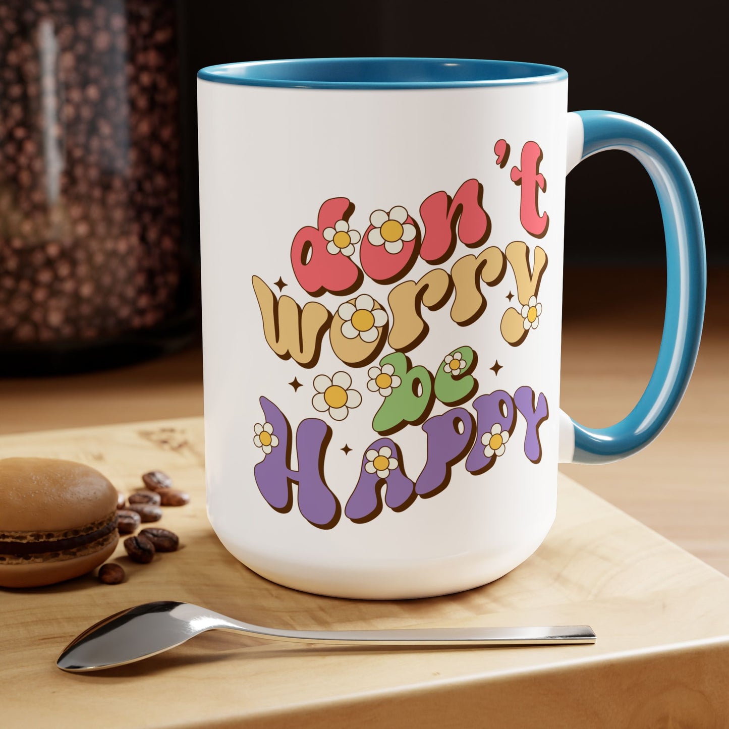 Groovy 70s Don't Worry Be Happy Coffee Mug 15oz - Retro Multicolor Wavy Font - Optimistic Message Cup - Joyful Gift, High Vibe Kitchenware