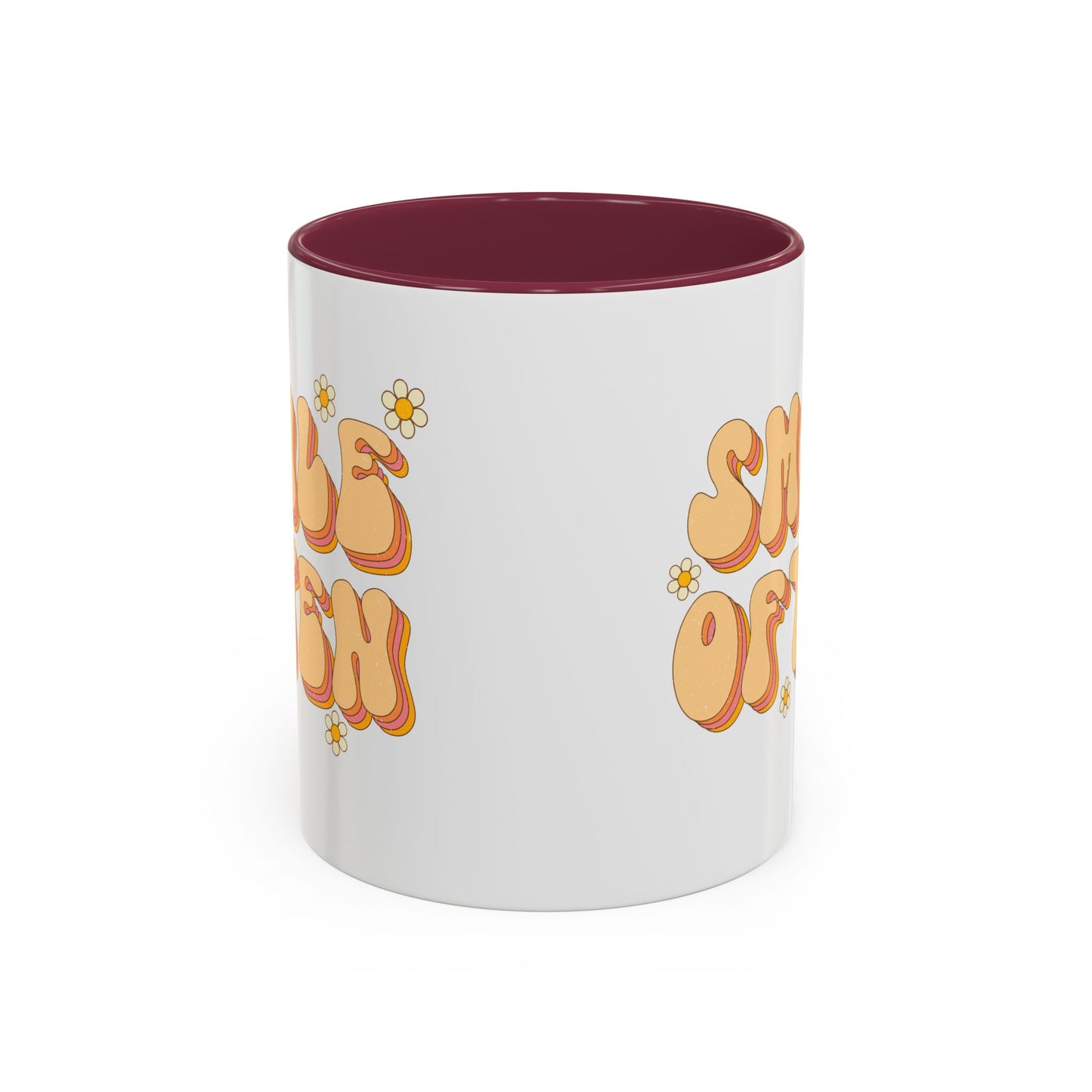 Smile Often Accent Mug – Retro Daisy Letters | 11oz 15oz colored Handle