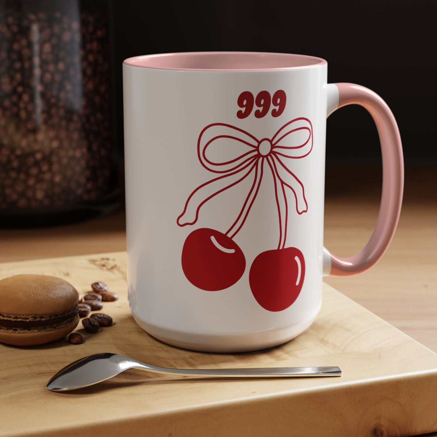999 Angel Number Cherries Accent Mug – Coquette Bow Kawaii | 11oz 15oz — Black, Navy, Pink, Red, Light Blue, Orange