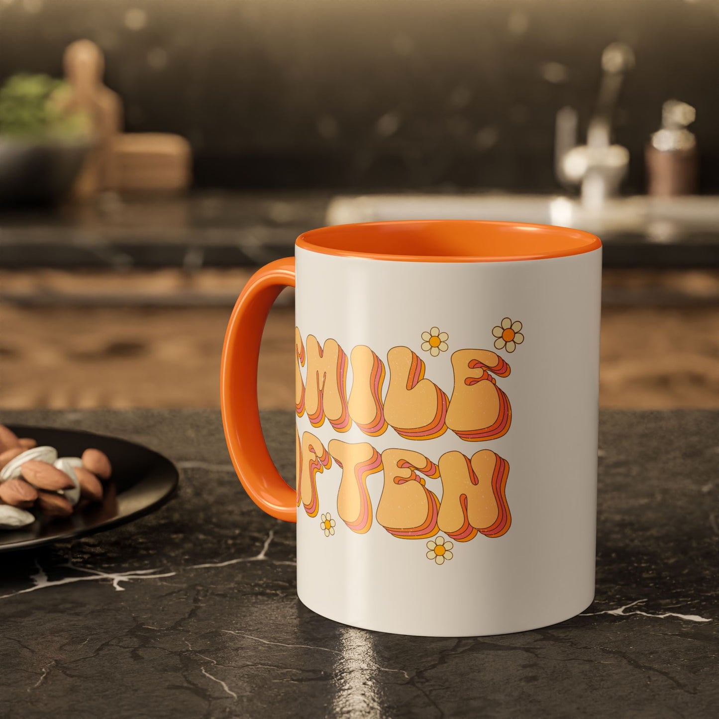 Smile Often Accent Mug – Retro Daisy Letters | 11oz 15oz colored Handle