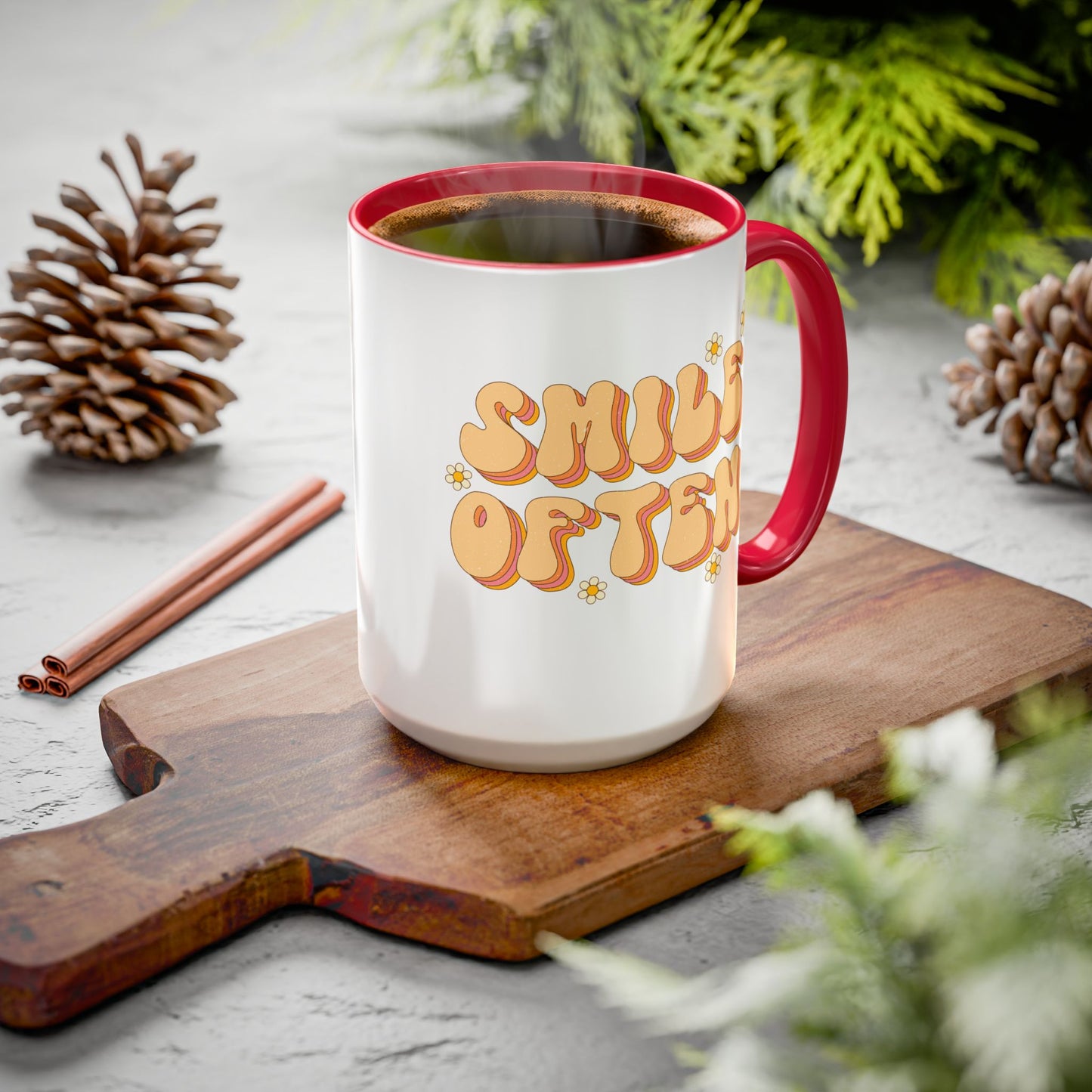 Smile Often Accent Mug – Retro Daisy Letters | 11oz 15oz colored Handle
