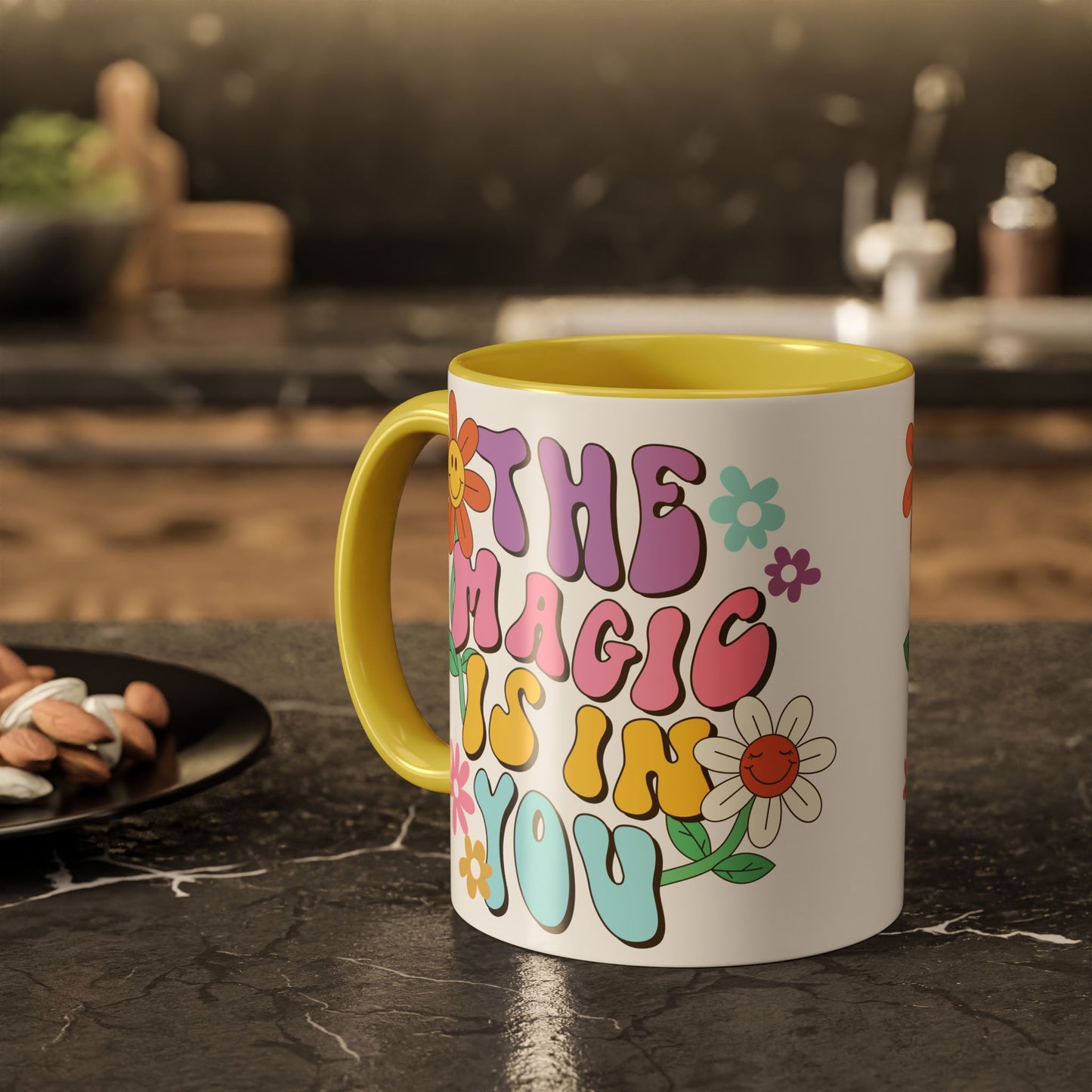 The Magic Is In You Accent Mug – Retro Flower Lettering | 11oz 15oz Colored Handle