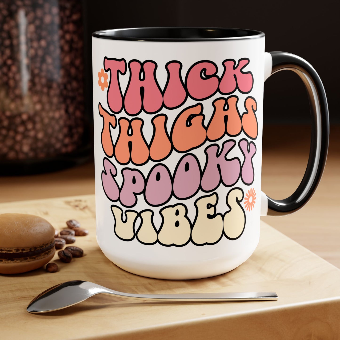 Thick Thighs Spooky Vibes Coffee Mug – Black Accent | Halloween Groovy Vibes