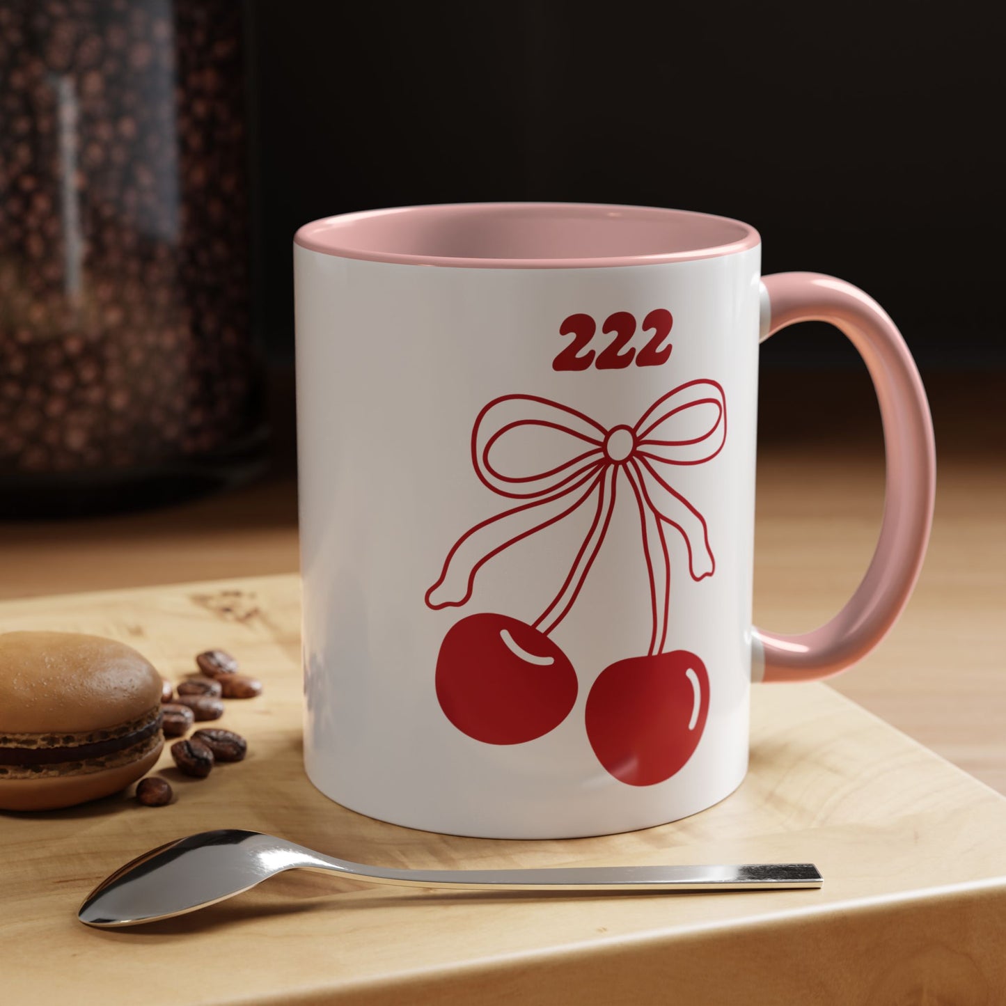 222 Angel Number Cherries Accent Mug – Coquette Bow Kawaii Coffee Mug | 11oz 15oz — Black, Navy, Pink, Red, Light Blue