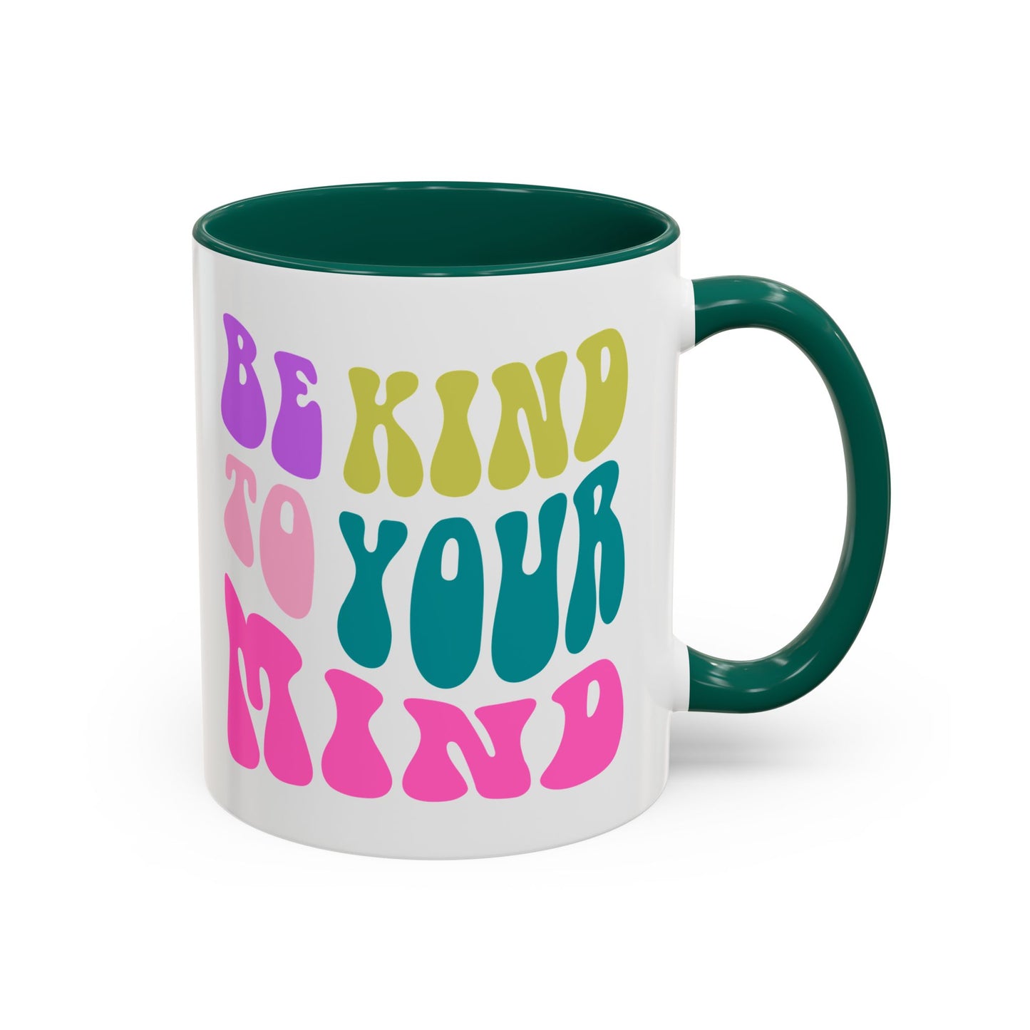 Be Kind To Your Mind Accent Mug – Retro Rainbow Letters | 11oz 15oz Colored Handle