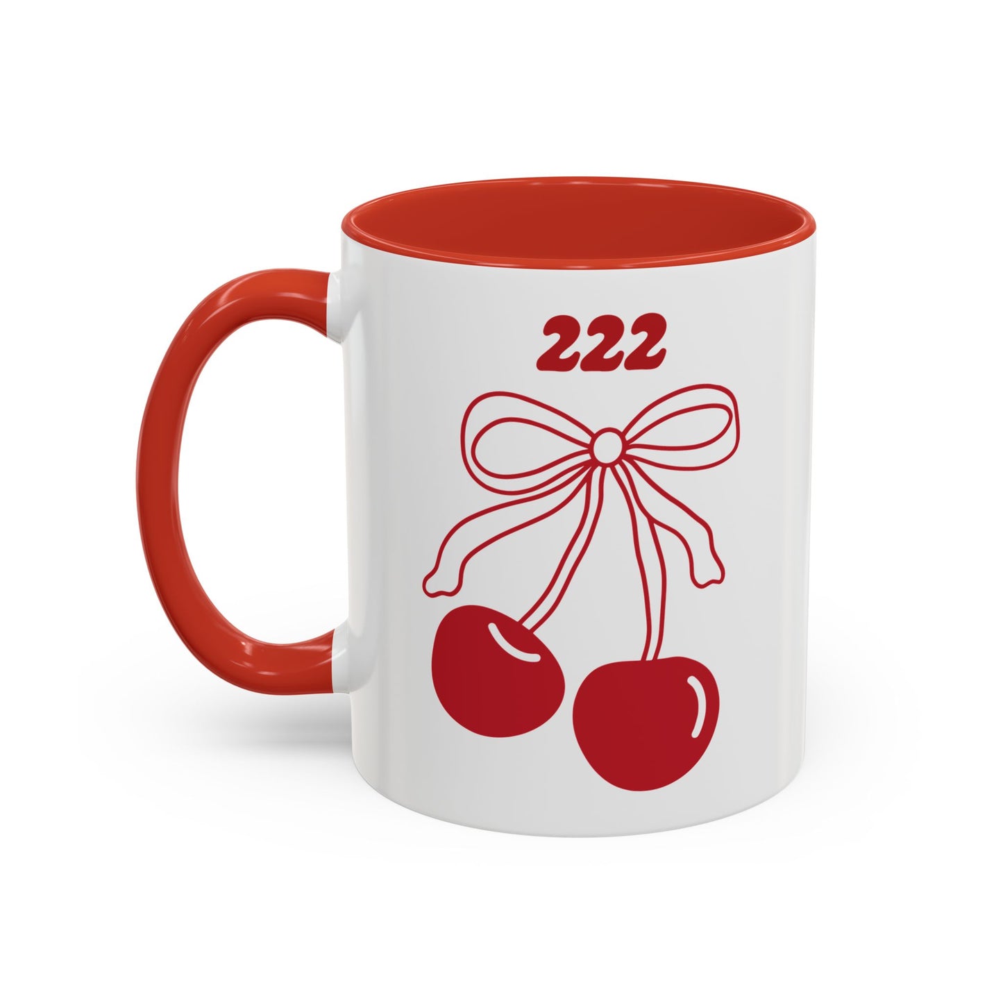 222 Angel Number Cherries Accent Mug – Coquette Bow Kawaii Coffee Mug | 11oz 15oz — Black, Navy, Pink, Red, Light Blue