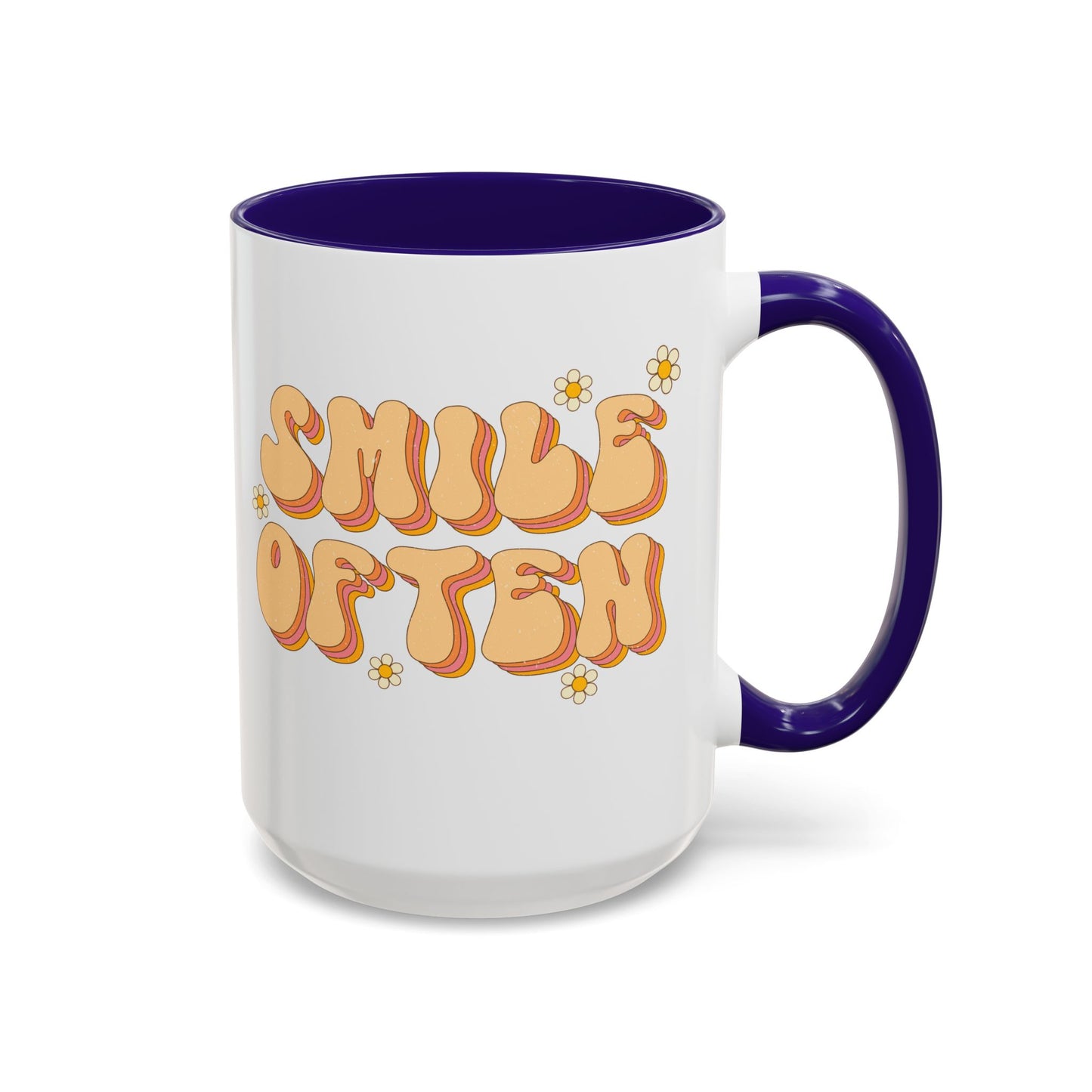 Smile Often Accent Mug – Retro Daisy Letters | 11oz 15oz colored Handle
