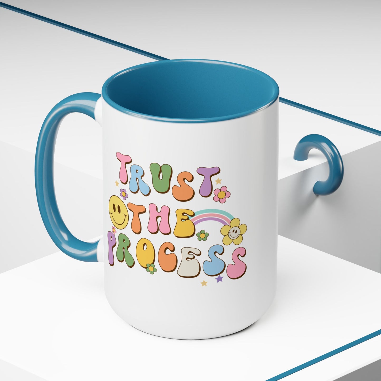 70s Retro Trust the Process Coffee Mug 15oz - Funky Multi-Color Ceramic Cup - Inspirational Motivation Drinkware - Gift for Goal Setters