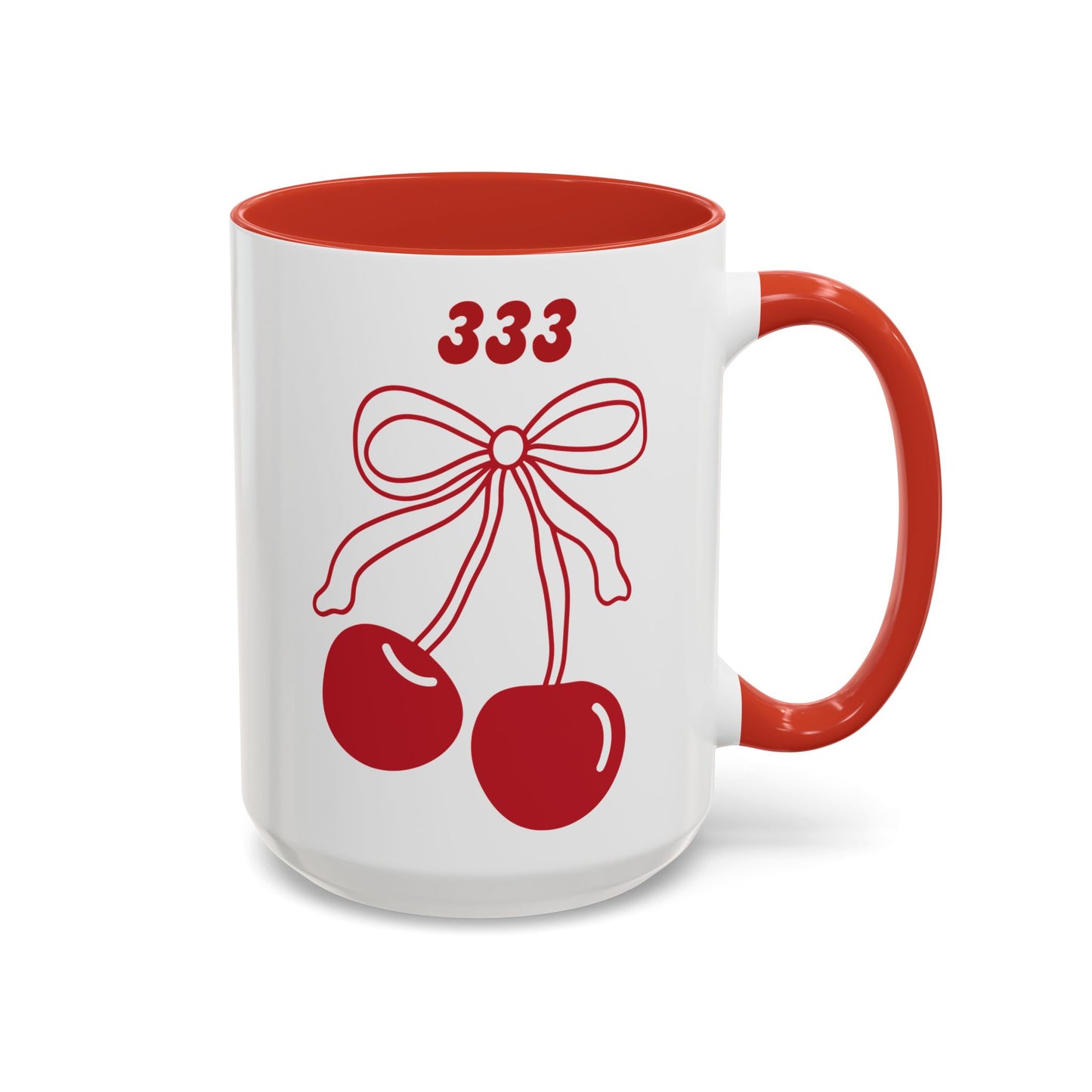 333 Angel Number Cherries Accent Mug – Coquette Bow | Kawaii Coffee Mug | 11oz 15oz — Black, Red, Navy, Pink, Light Blue