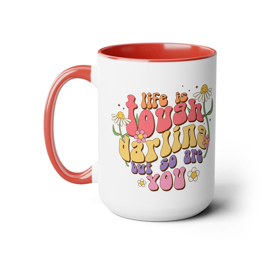 70s Groovy Life is Tough Darling Coffee Mug 15oz - Wavy Font, Multi-Color - Inspirational Resilience Gift, Vintage Style Drinkware