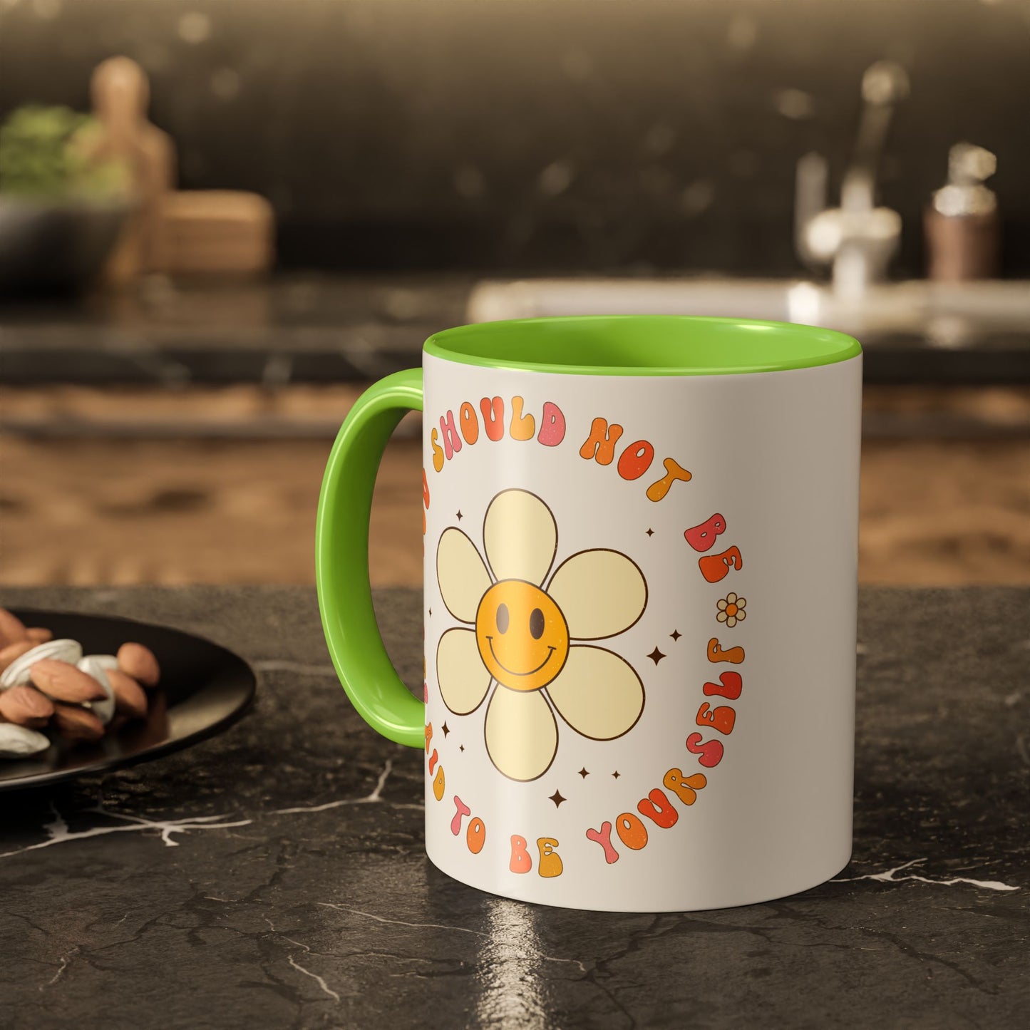 Don’t Be Afraid To Be Yourself Accent Mug – Smiley Flower | 11oz 15oz Colored Handle