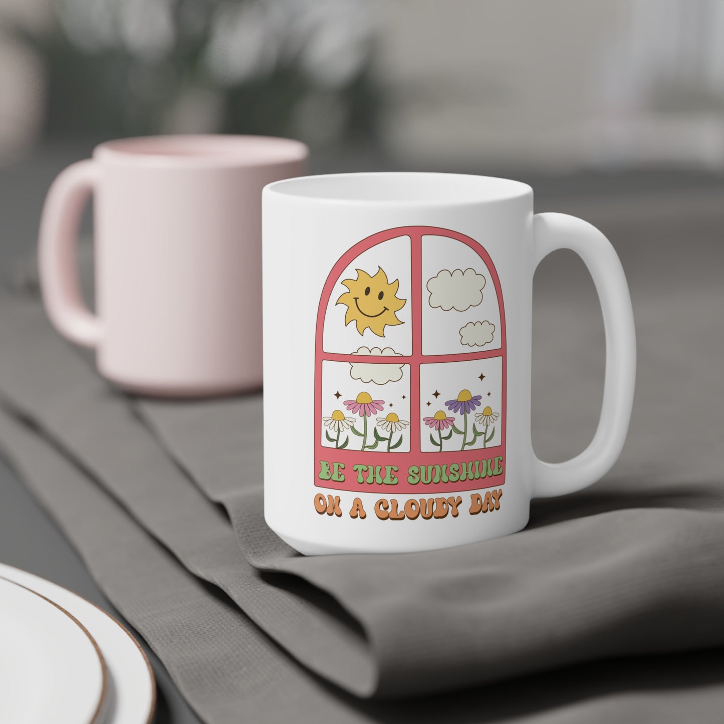Be The Sunshine Coffee Mug 20oz - Cloudy Day Inspiration, Sun & Flower Window Design, Motivational Drinkware - Uplifting Gift Idea