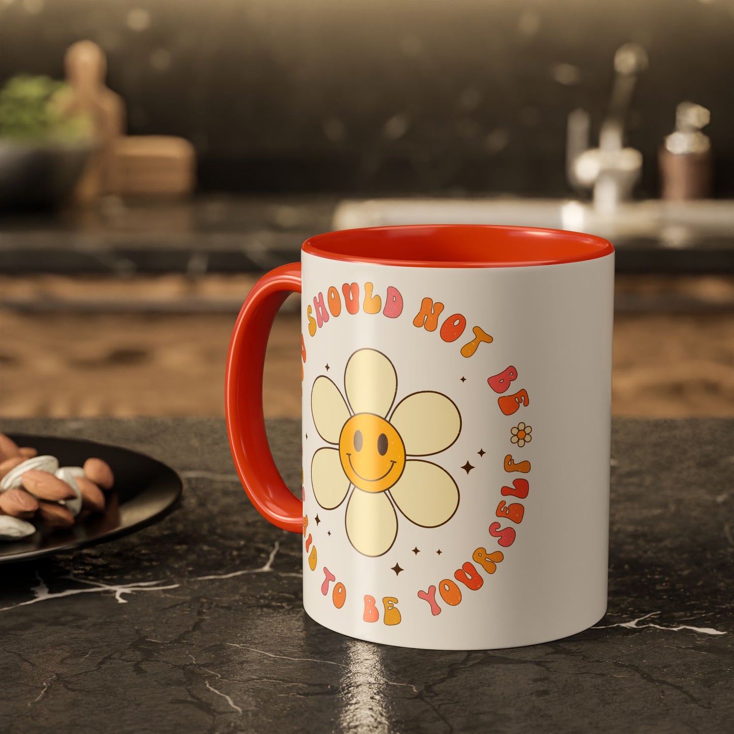 Don’t Be Afraid To Be Yourself Accent Mug – Smiley Flower | 11oz 15oz Colored Handle