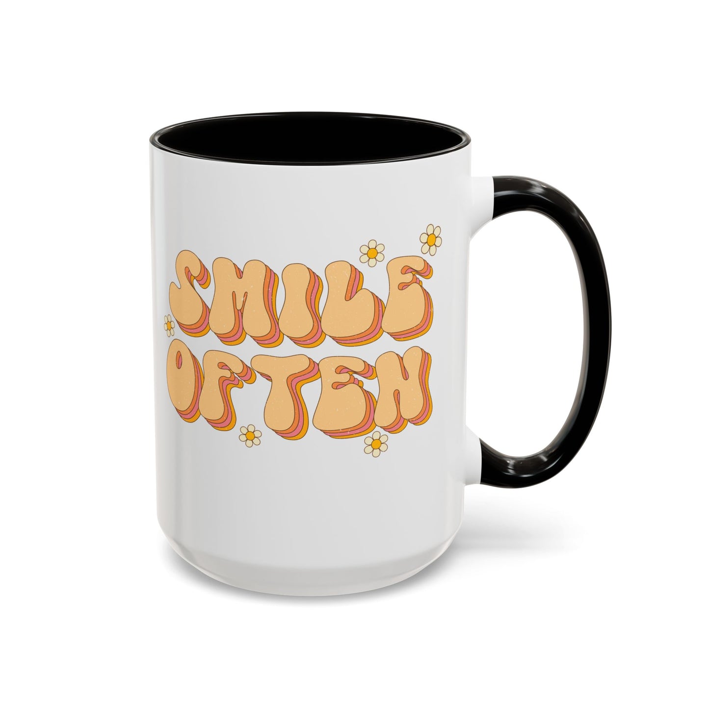 Smile Often Accent Mug – Retro Daisy Letters | 11oz 15oz colored Handle