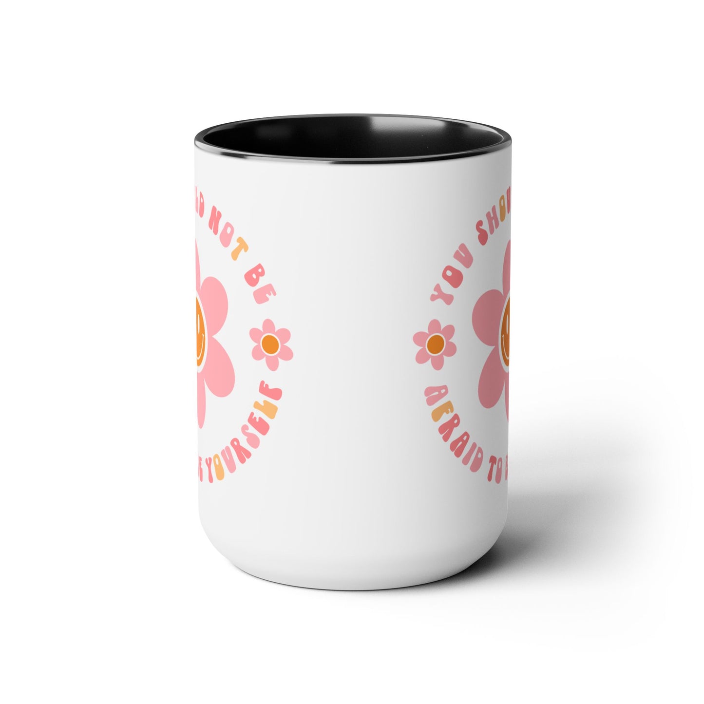 Don’t Be Afraid To Be Yourself Mug – 70s Flower-Power Smiley | 15oz Accent