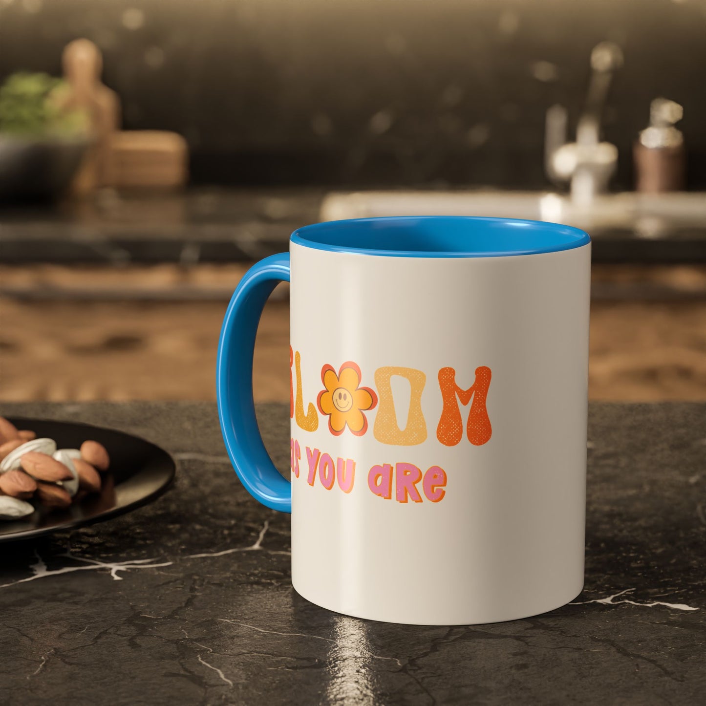 Bloom As You Are Accent Mug – Smiley Flower | 11oz 15oz Colored Handle