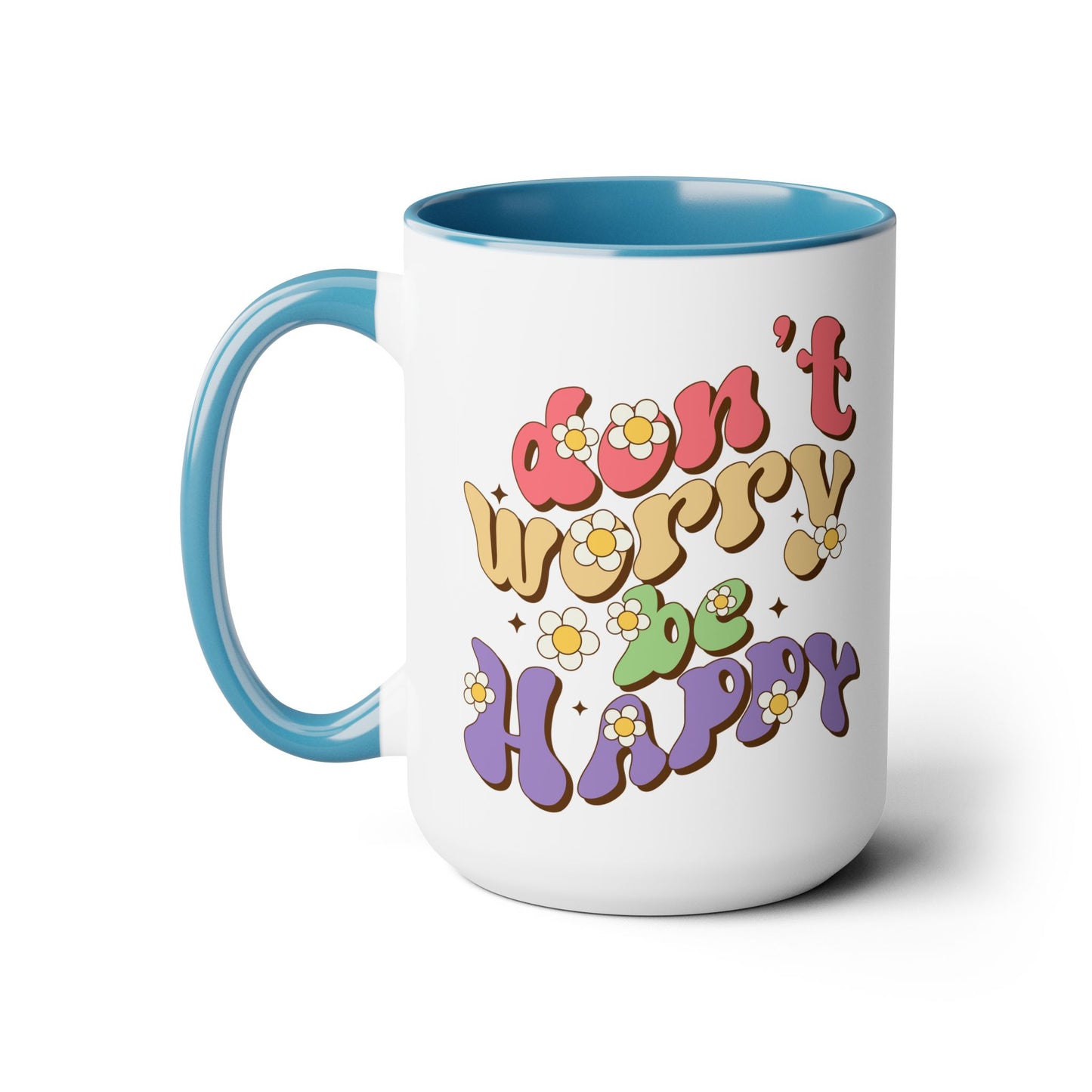 Groovy 70s Don't Worry Be Happy Coffee Mug 15oz - Retro Multicolor Wavy Font - Optimistic Message Cup - Joyful Gift, High Vibe Kitchenware