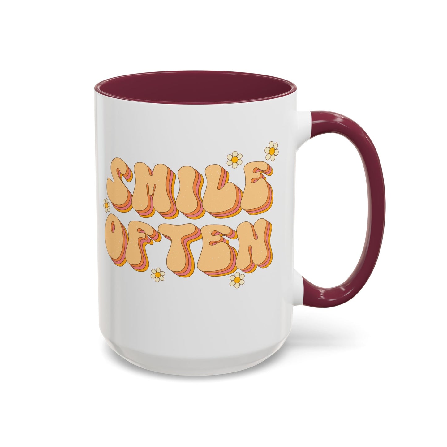Smile Often Accent Mug – Retro Daisy Letters | 11oz 15oz colored Handle