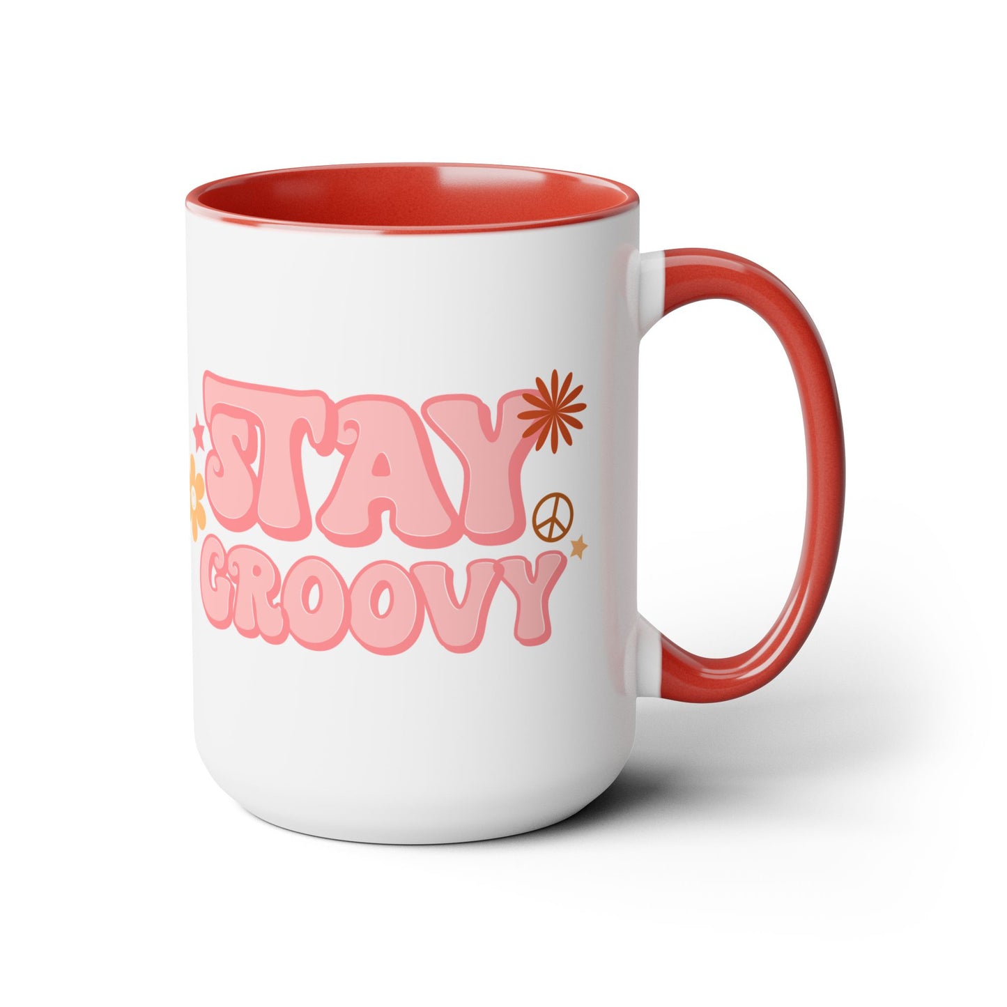 Stay Groovy Coffee Mug 15oz - 70s Inspired, Pastel Pink, Swirly Font - Boost Your Mood with this Free-Spirit, Funkadelic Beverage
