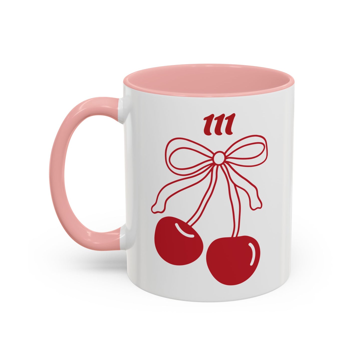 111 Angel Number Cherries Accent Mug – Coquette Bow Kawaii Coffee Mug Aesthetic | 11oz 15oz — Pink, Black, Purple, Yellow, Light Blue