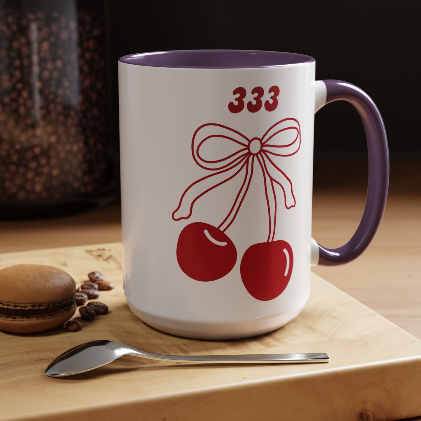 333 Angel Number Cherries Accent Mug – Coquette Bow | Kawaii Coffee Mug | 11oz 15oz — Black, Red, Navy, Pink, Light Blue