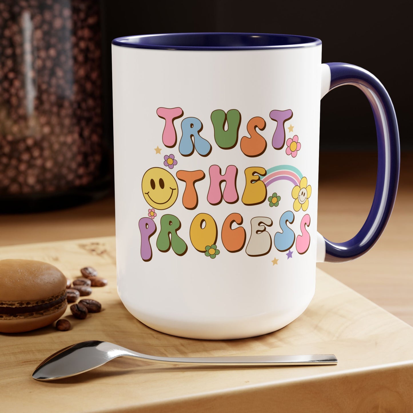 70s Retro Trust the Process Coffee Mug 15oz - Funky Multi-Color Ceramic Cup - Inspirational Motivation Drinkware - Gift for Goal Setters