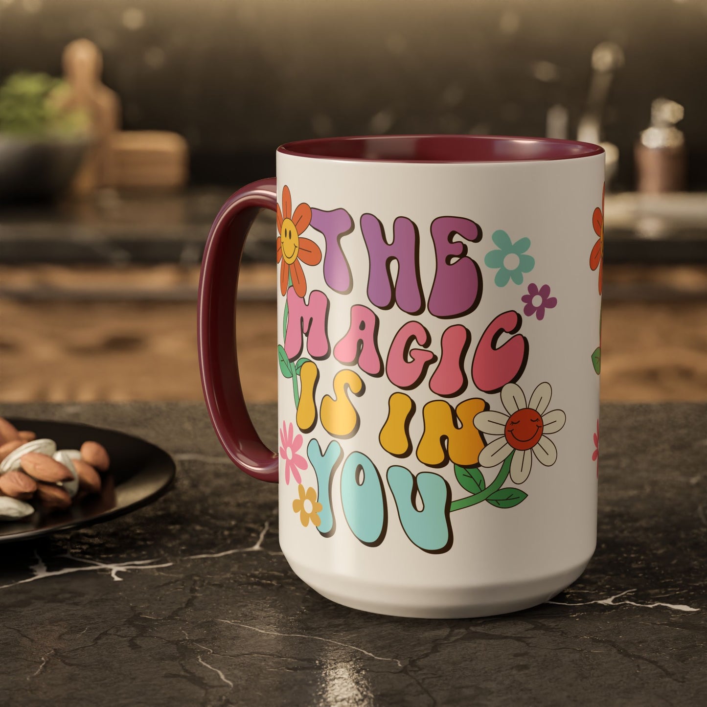 The Magic Is In You Accent Mug – Retro Flower Lettering | 11oz 15oz Colored Handle