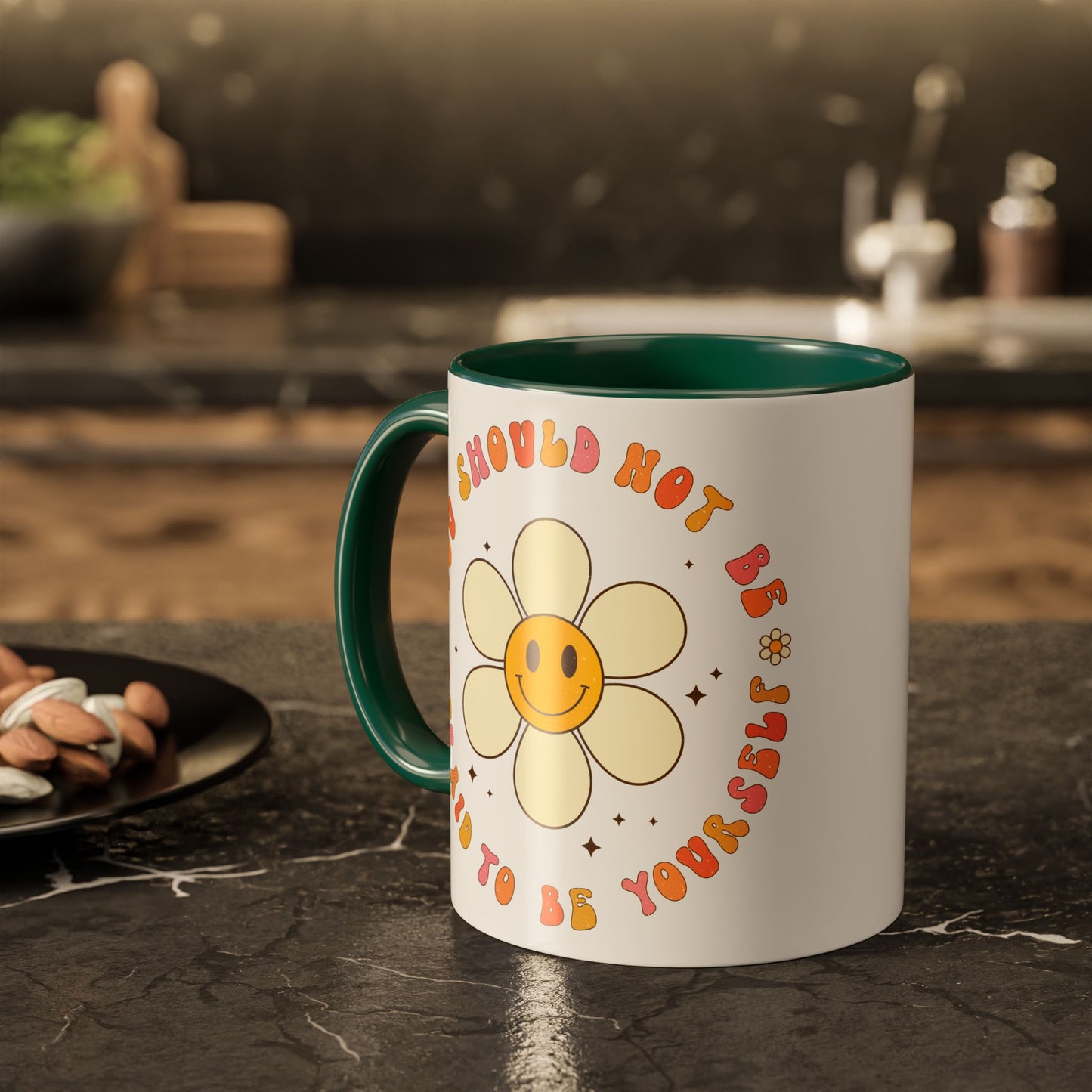 Don’t Be Afraid To Be Yourself Accent Mug – Smiley Flower | 11oz 15oz Colored Handle