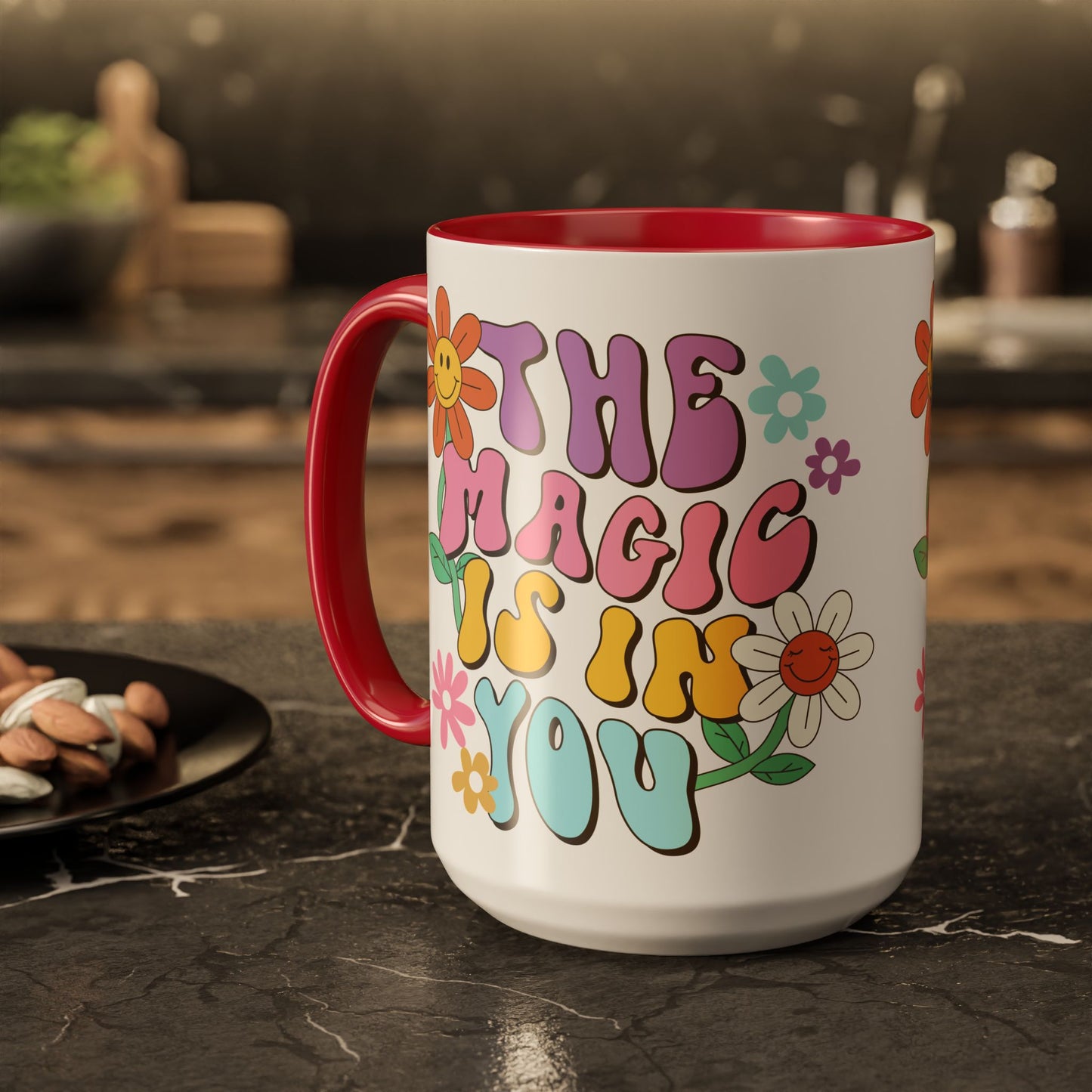 The Magic Is In You Accent Mug – Retro Flower Lettering | 11oz 15oz Colored Handle