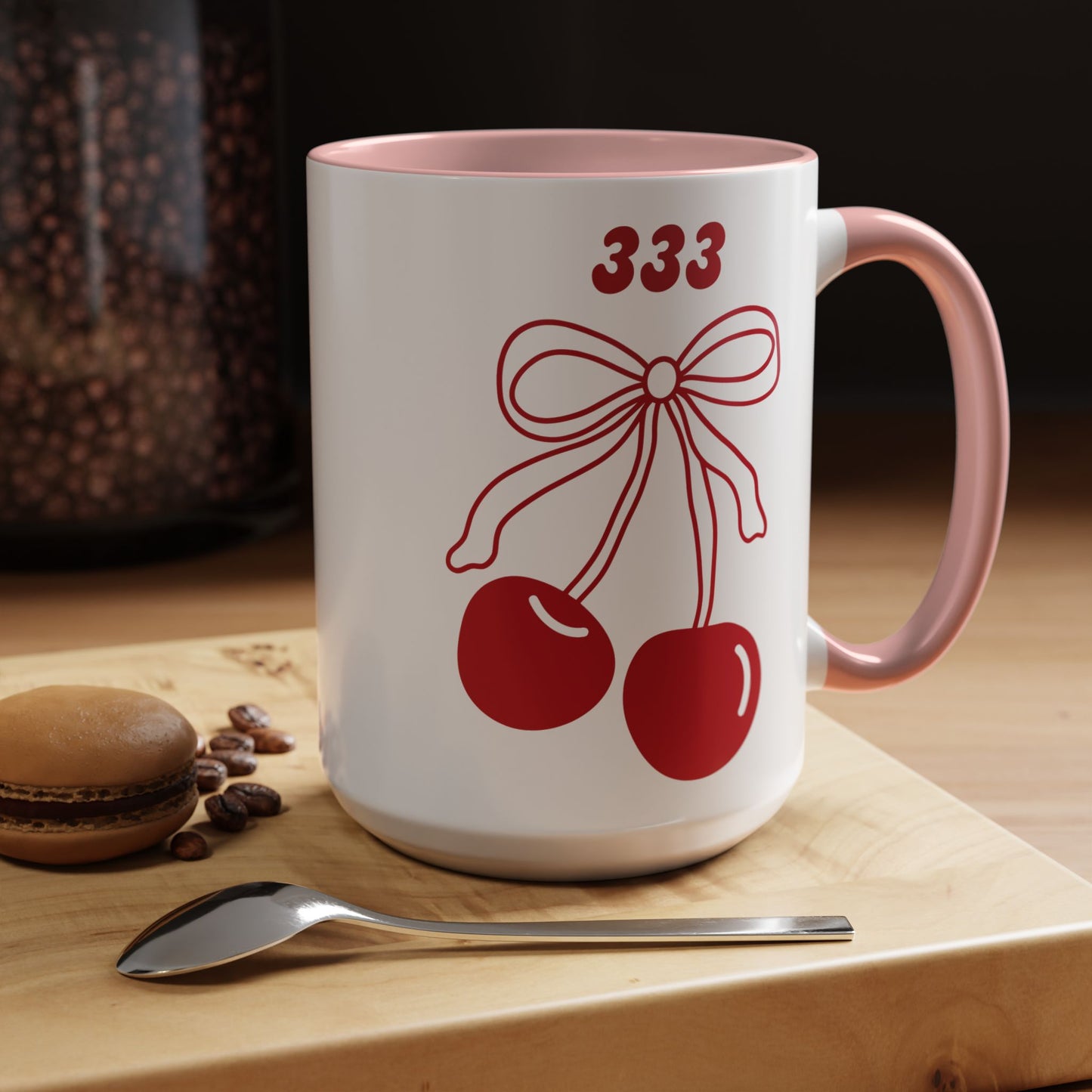 333 Angel Number Cherries Accent Mug – Coquette Bow | Kawaii Coffee Mug | 11oz 15oz — Black, Red, Navy, Pink, Light Blue