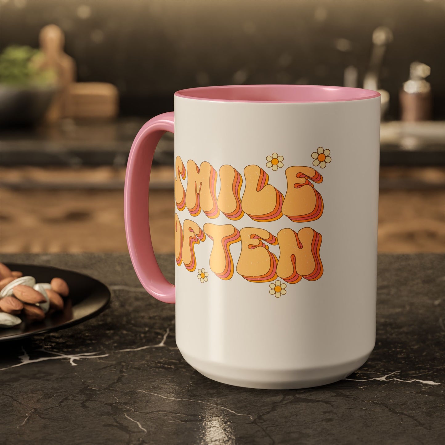 Smile Often Accent Mug – Retro Daisy Letters | 11oz 15oz colored Handle
