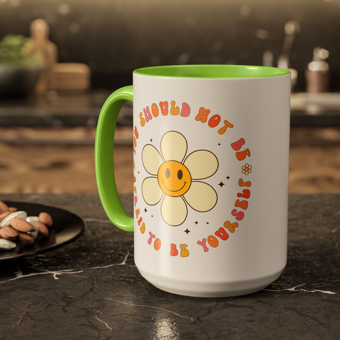 Don’t Be Afraid To Be Yourself Accent Mug – Smiley Flower | 11oz 15oz Colored Handle
