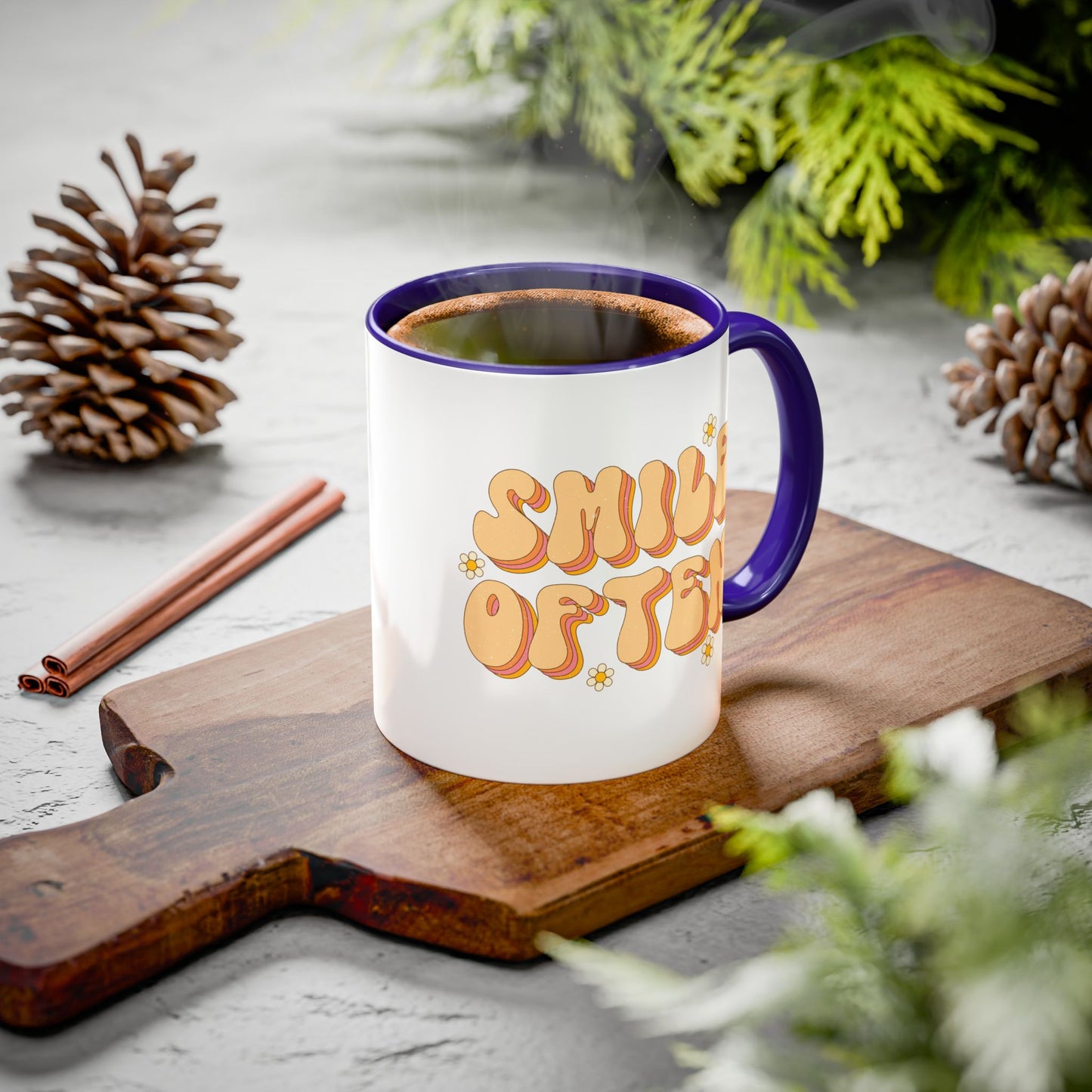 Smile Often Accent Mug – Retro Daisy Letters | 11oz 15oz colored Handle
