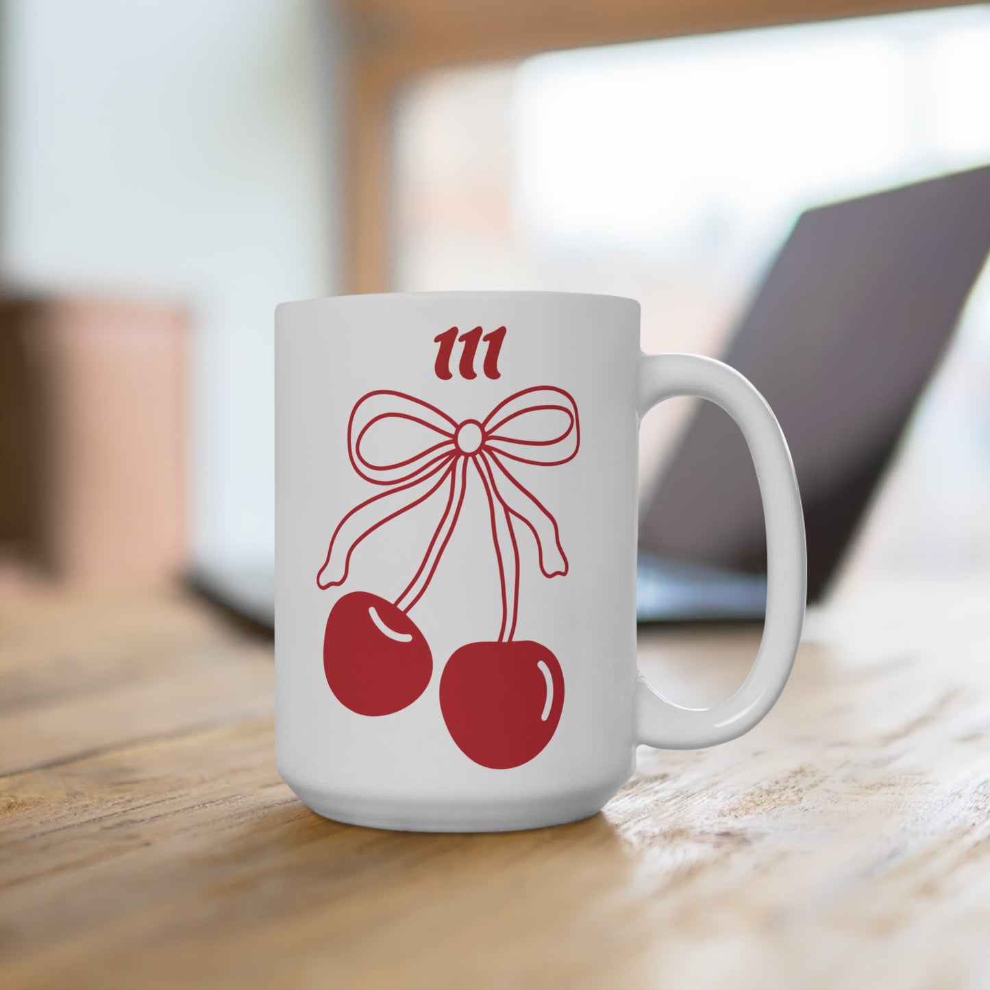 111 Angel Number Cherries Coffee Mug – Coquette Bow Kawaii Coffee Mug | 11oz 15oz 20oz White Ceramic