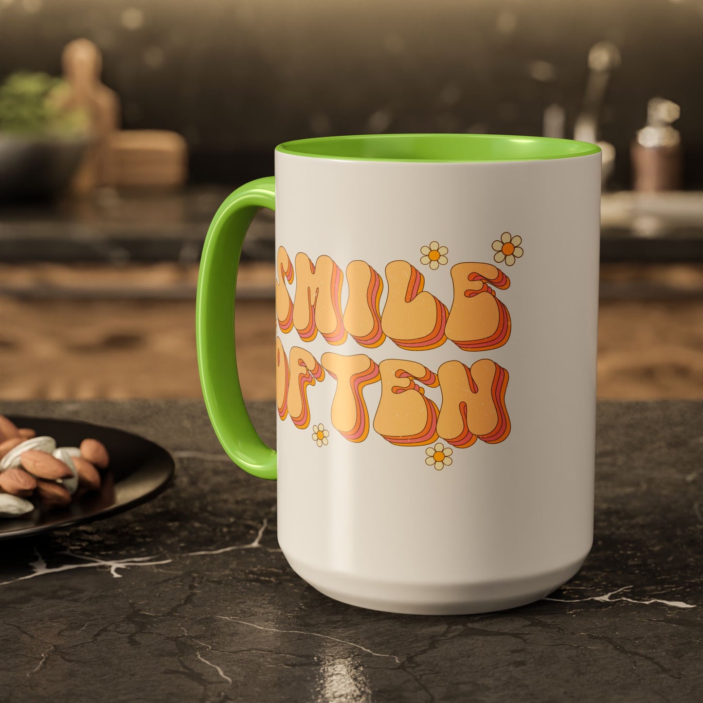 Smile Often Accent Mug – Retro Daisy Letters | 11oz 15oz colored Handle