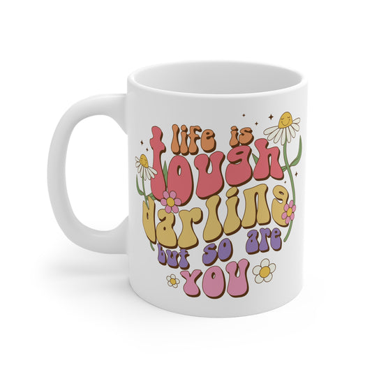 70s Groovy Life is Tough Darling Coffee Mug 20oz - Wavy Font, Multi-Color - Inspirational Resilience Gift, Vintage Style Drinkware