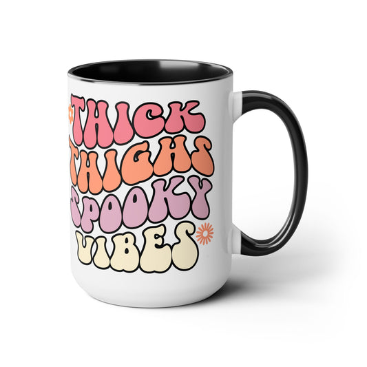 Thick Thighs Spooky Vibes Coffee Mug – Black Accent | Halloween Groovy Vibes