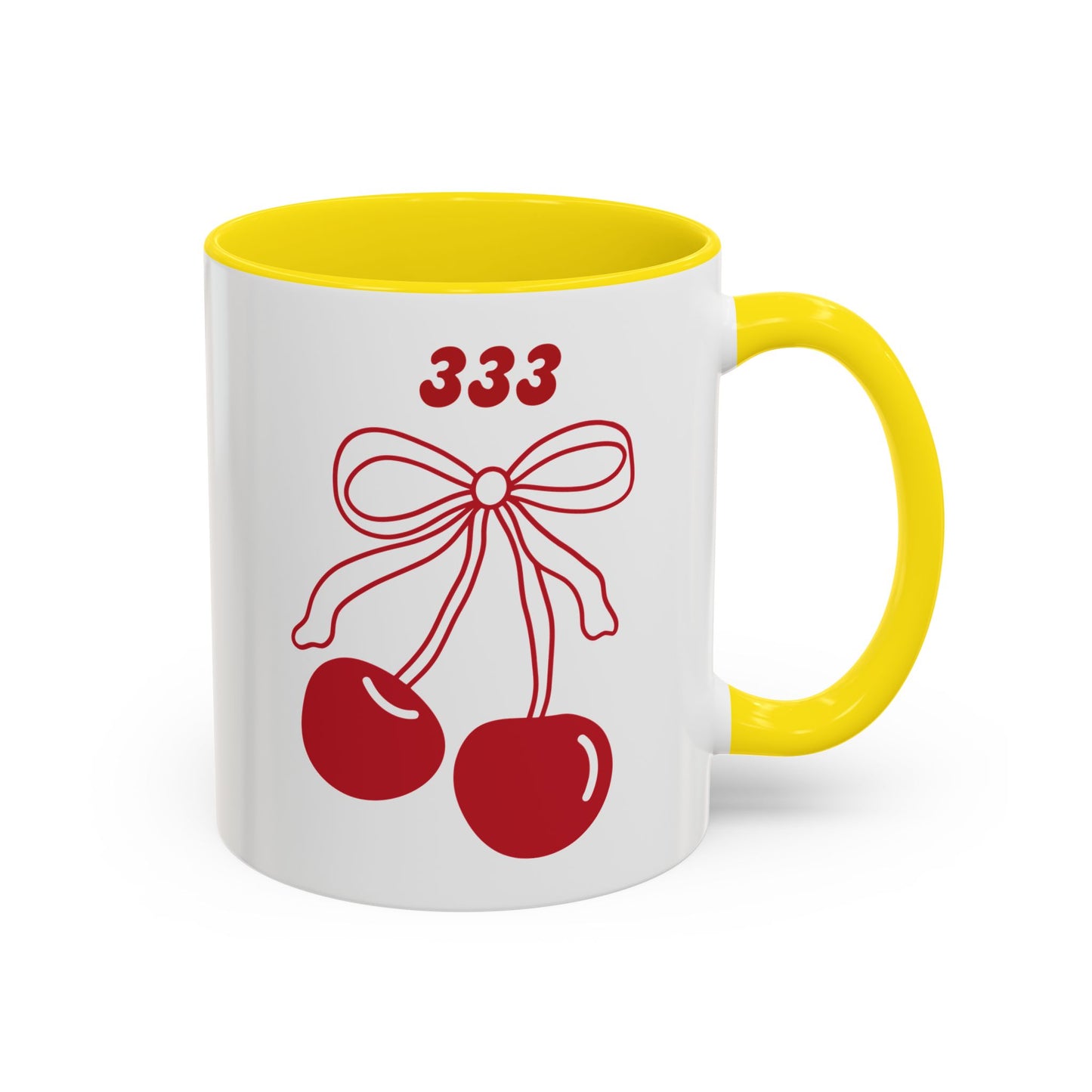 333 Angel Number Cherries Accent Mug – Coquette Bow | Kawaii Coffee Mug | 11oz 15oz — Black, Red, Navy, Pink, Light Blue