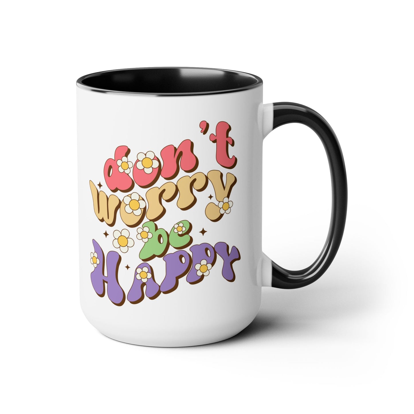 Groovy 70s Don't Worry Be Happy Coffee Mug 15oz - Retro Multicolor Wavy Font - Optimistic Message Cup - Joyful Gift, High Vibe Kitchenware
