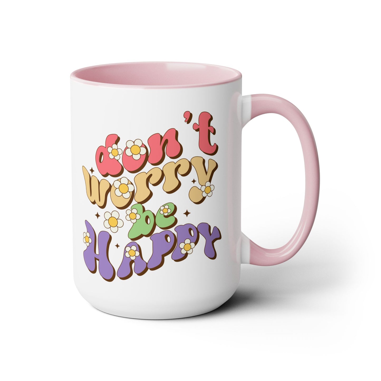 Groovy 70s Don't Worry Be Happy Coffee Mug 15oz - Retro Multicolor Wavy Font - Optimistic Message Cup - Joyful Gift, High Vibe Kitchenware