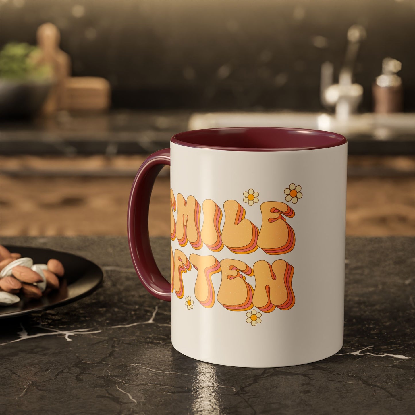 Smile Often Accent Mug – Retro Daisy Letters | 11oz 15oz colored Handle