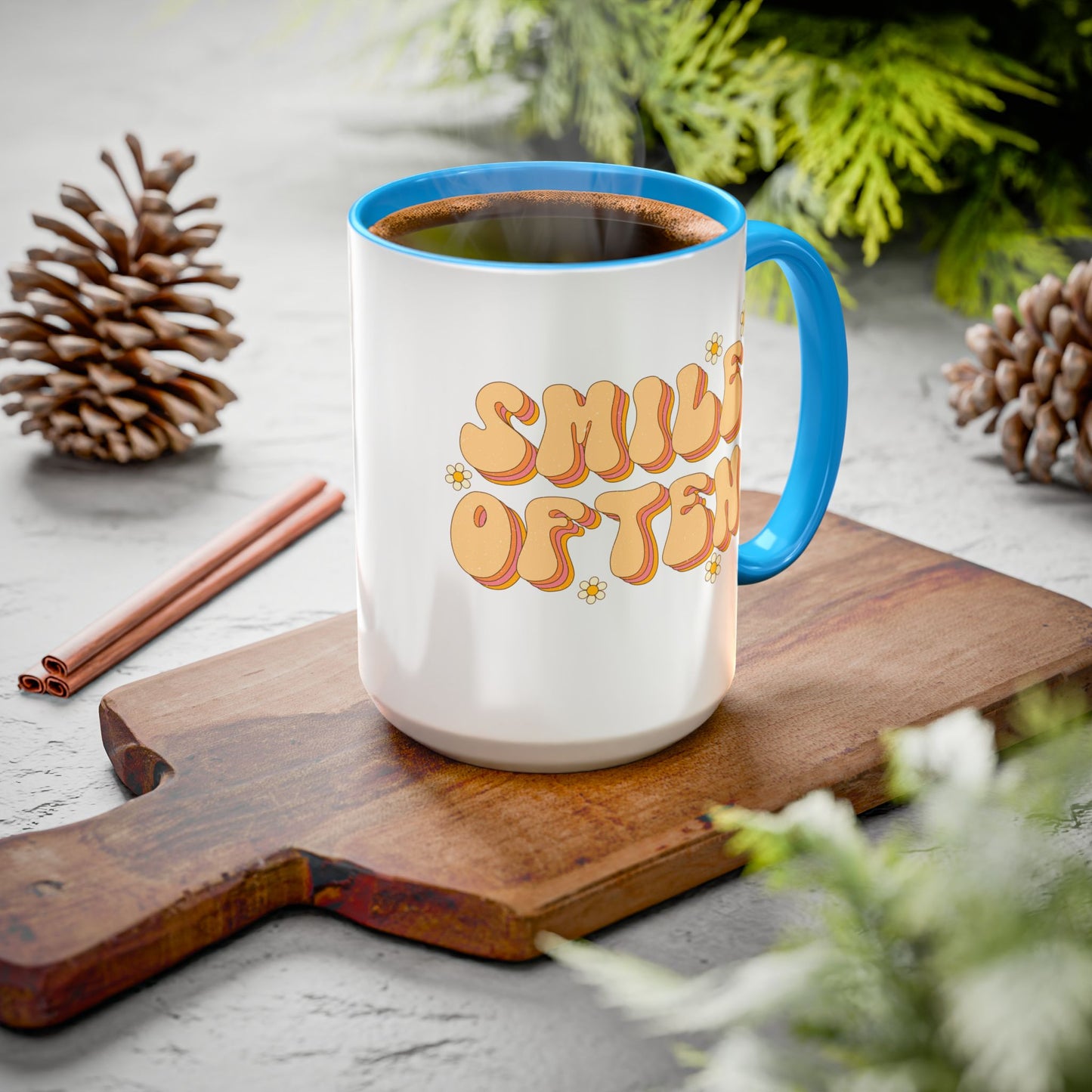 Smile Often Accent Mug – Retro Daisy Letters | 11oz 15oz colored Handle