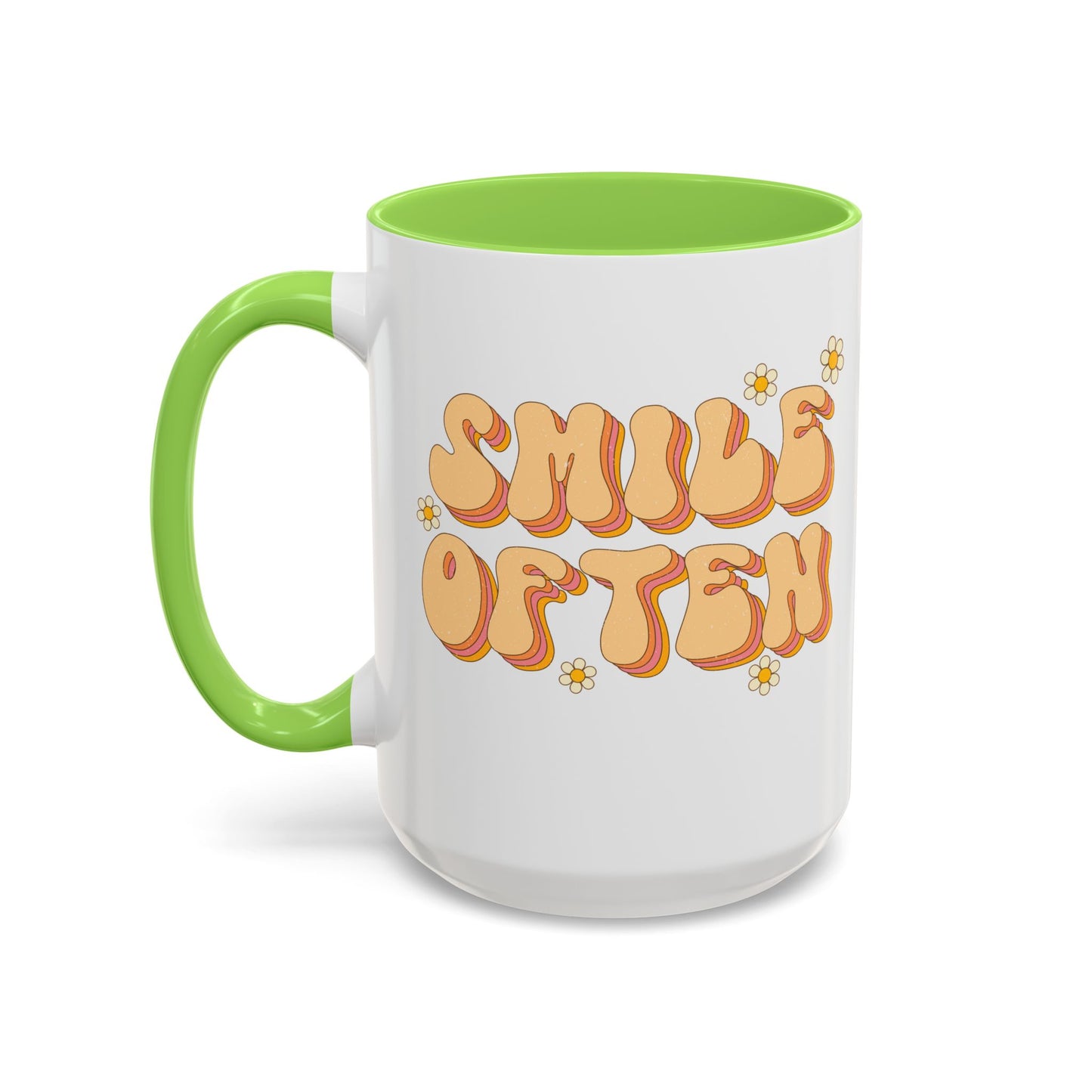 Smile Often Accent Mug – Retro Daisy Letters | 11oz 15oz colored Handle