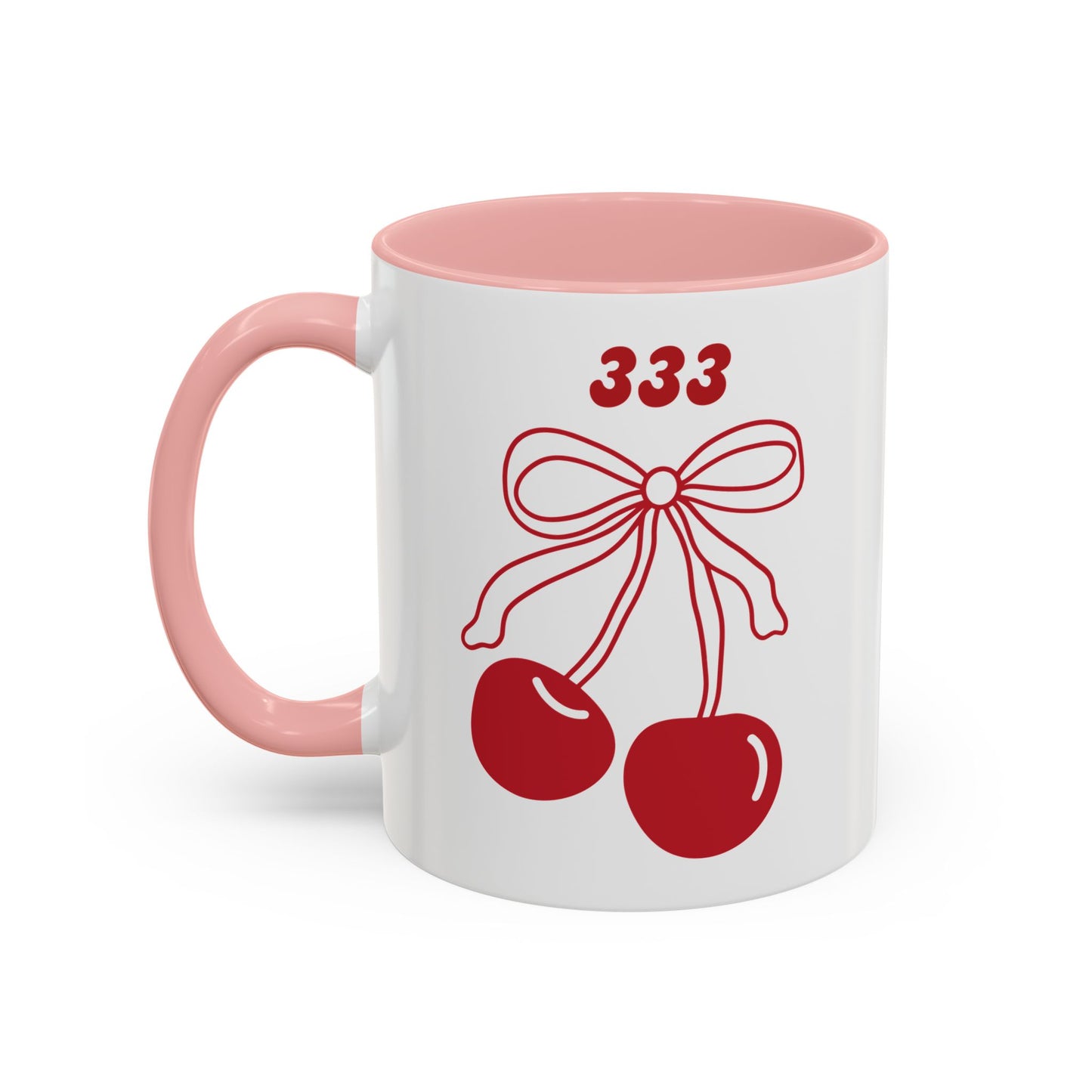 333 Angel Number Cherries Accent Mug – Coquette Bow | Kawaii Coffee Mug | 11oz 15oz — Black, Red, Navy, Pink, Light Blue