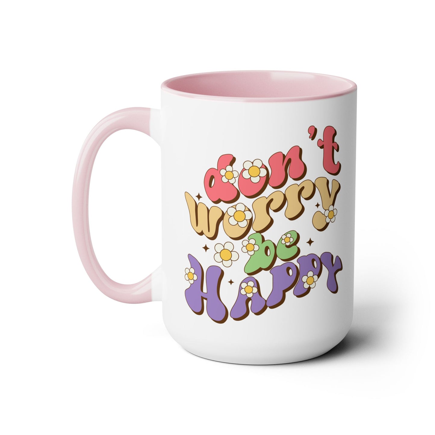 Groovy 70s Don't Worry Be Happy Coffee Mug 15oz - Retro Multicolor Wavy Font - Optimistic Message Cup - Joyful Gift, High Vibe Kitchenware