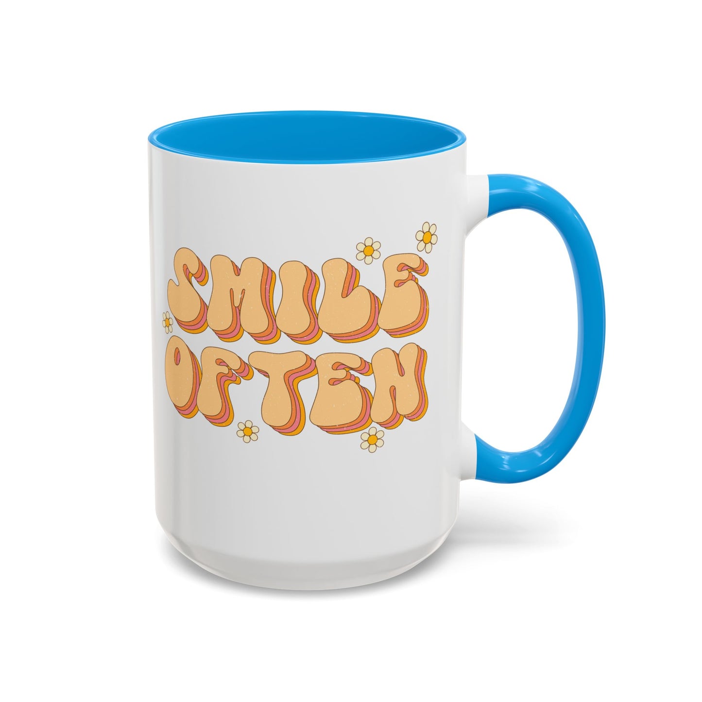 Smile Often Accent Mug – Retro Daisy Letters | 11oz 15oz colored Handle