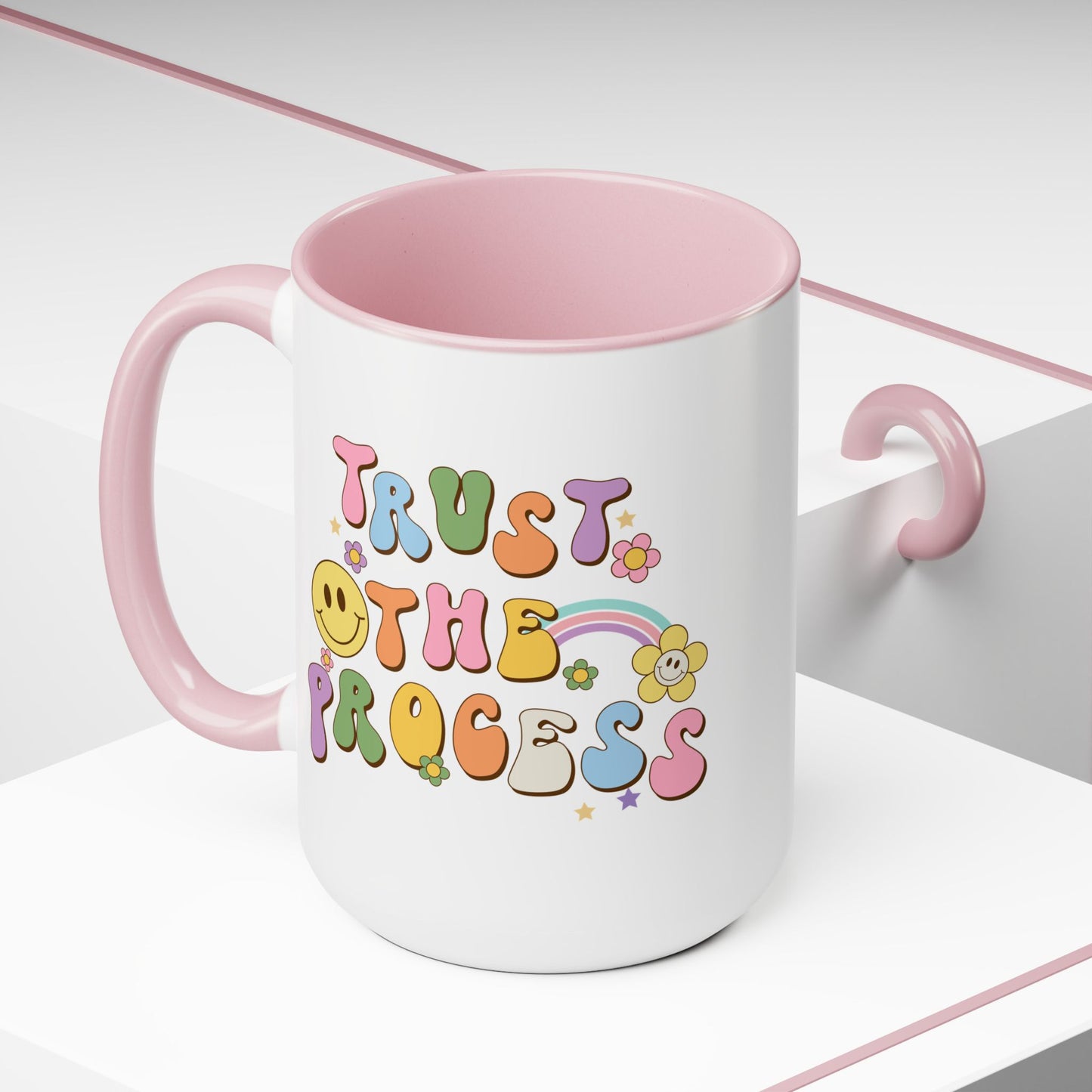 70s Retro Trust the Process Coffee Mug 15oz - Funky Multi-Color Ceramic Cup - Inspirational Motivation Drinkware - Gift for Goal Setters